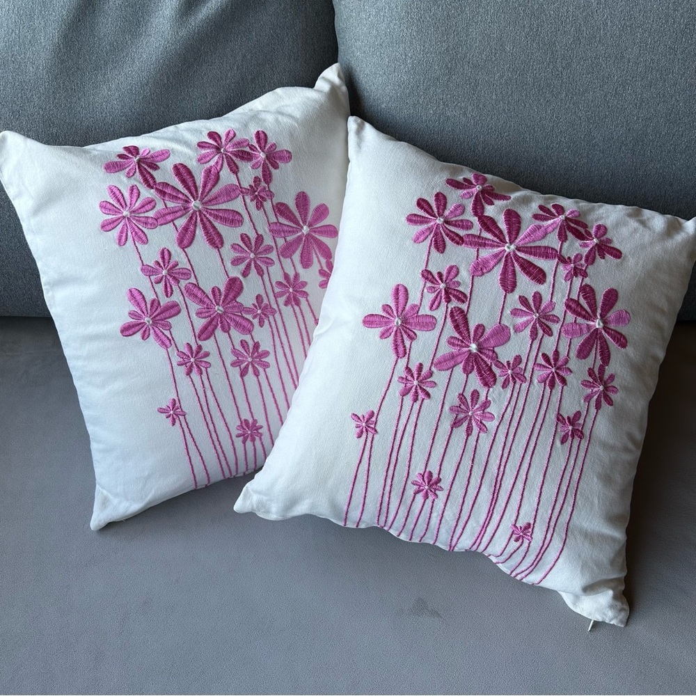 Set of 2 ~ Accent Pillows ~ 15” Square ~ Pink Embroidered Flowers